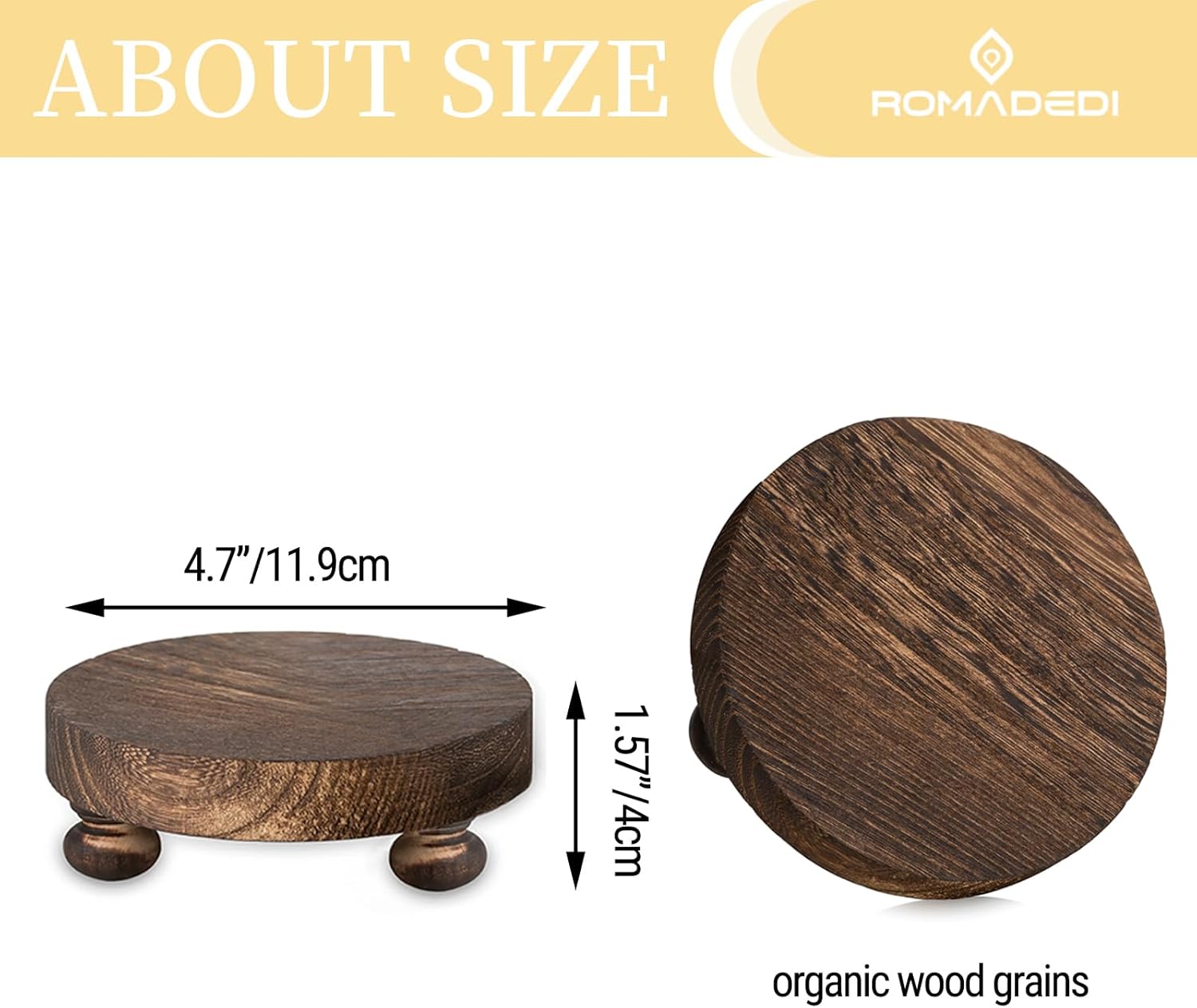 Romadedi Farmhouse Wood Riser for Display- 2 pcs Rustic Decor Mini Wooden Pedestal Decorative Round Tray for Home Table Bathroom Counter Shelf Kitchen, Brown